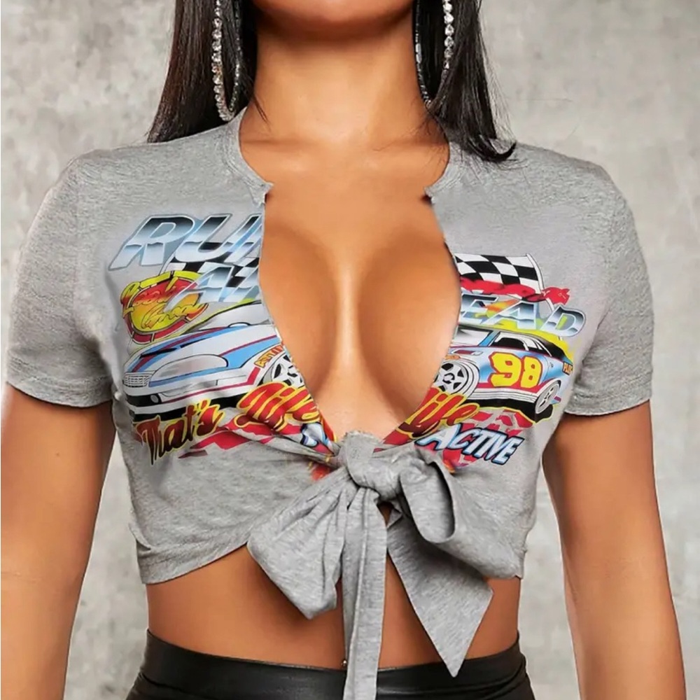 Race Car Graphic Front Tie Gray V-Neck Crop Top NWOT